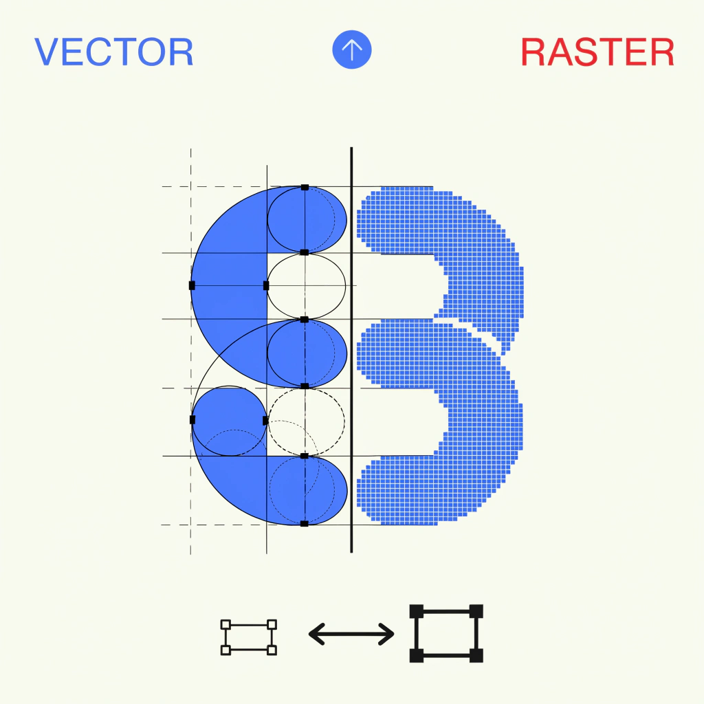 Comparison showing raster pixelation vs vector scalability